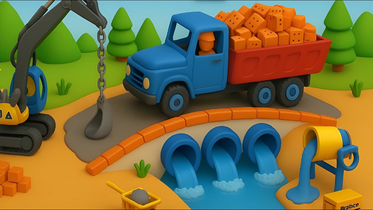 DIY Mini Truck & Railing Bridge | Amazing 3-Pipe Bridge Construction with Toy Trucks & Excavator