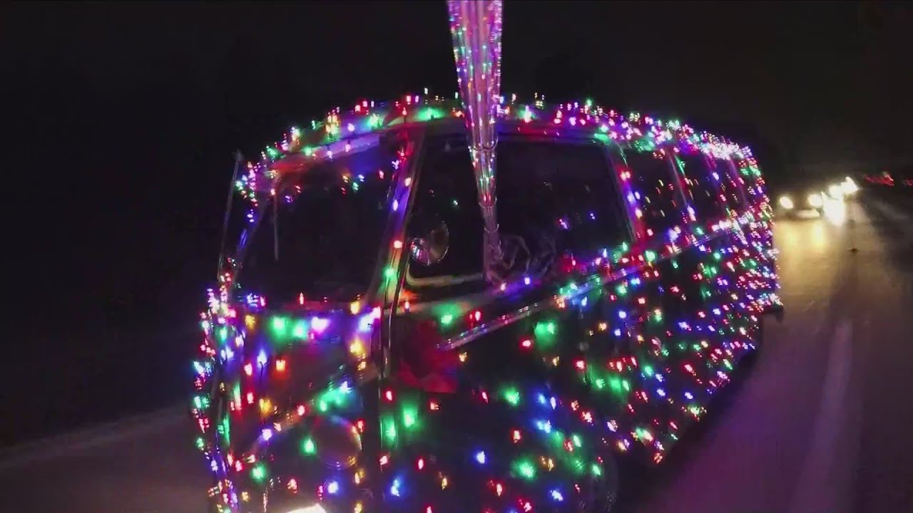 The 1965 Volkswagen bus wrapped in 1,500 Christmas lights
