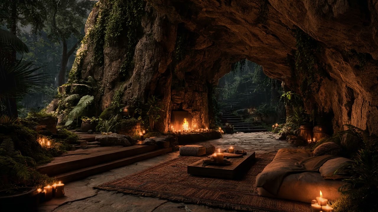 Midnight Rainstorm Echoes in a Hidden Jungle Cave | Rolling Thunder & Warm Campfire Ambience