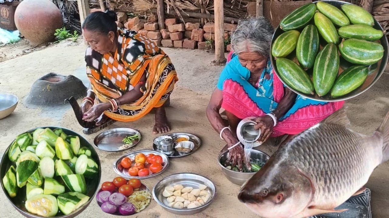 tribe couple ROHU FISH CURRY recipe And VEGETABLE CURRY cooking prepared for lunch.