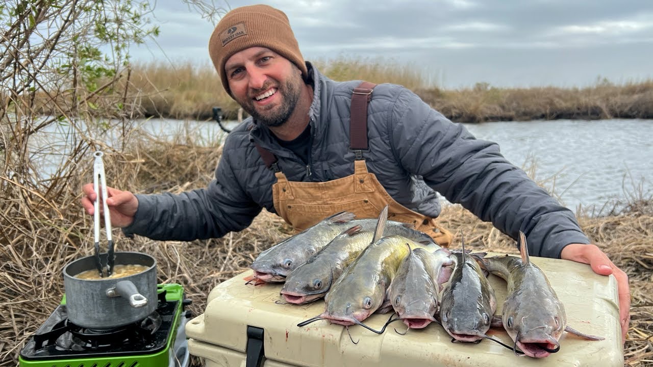 Bank Fishing for CATFISH and Cooking in the WILD (CATCH AND COOK)