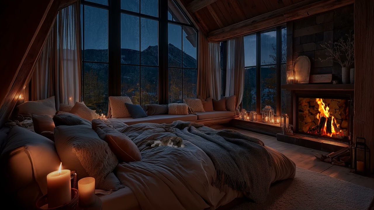 🌧️🔥 Cozy Loft Bedroom | Rain & Crackling Fireplace for Deep Sleep