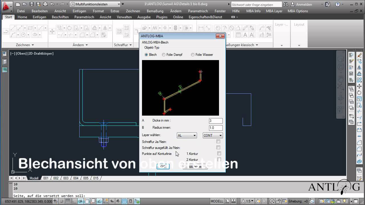 Blechabwicklung mit ANTLOG-MBA auf AutoCAD 2012