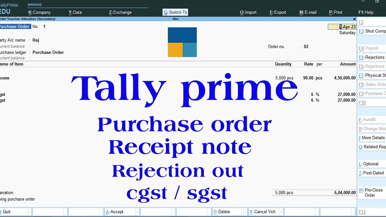 purchase order receipt note and rejection out in tally prime | purchase order in tally prime | tally