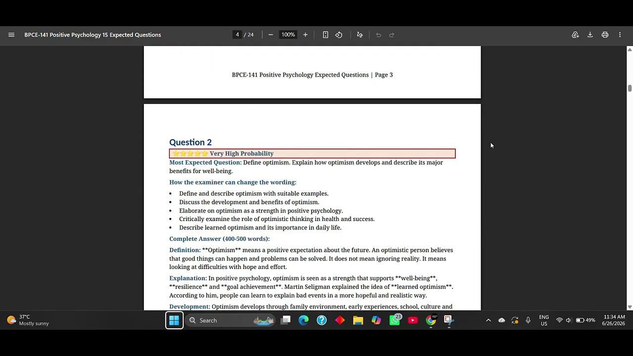 BPCE-141 Positive Psychology 2026 🔥 15 Most Important Questions + Answers PDF | IGNOU BAPCH
