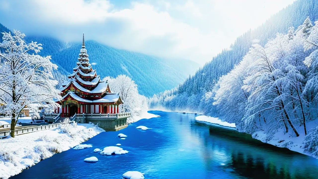 Temple in Snowfall | Calm River Flow | Beautiful Relaxing Nature Music