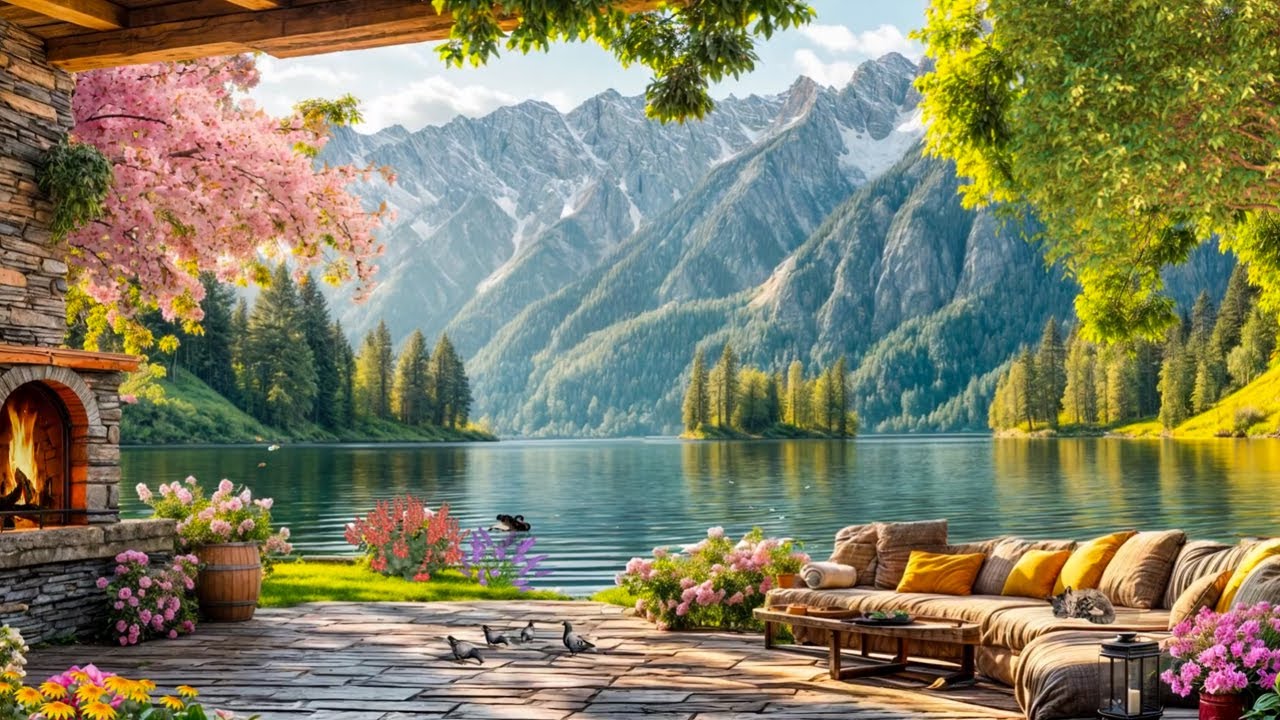 Relaxing Lakeview Patio Scene | Crackling Fire, Soft Birds & Calm Nature Sounds