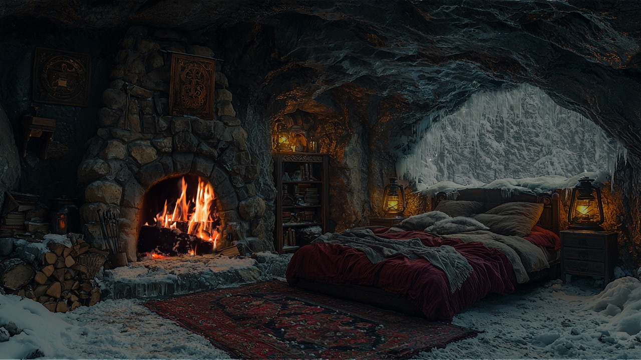 Winter Cave Bliss ❄️Snowstorm & Campfire Sounds in a Cozy Nook for Enhanced Health and Relaxation
