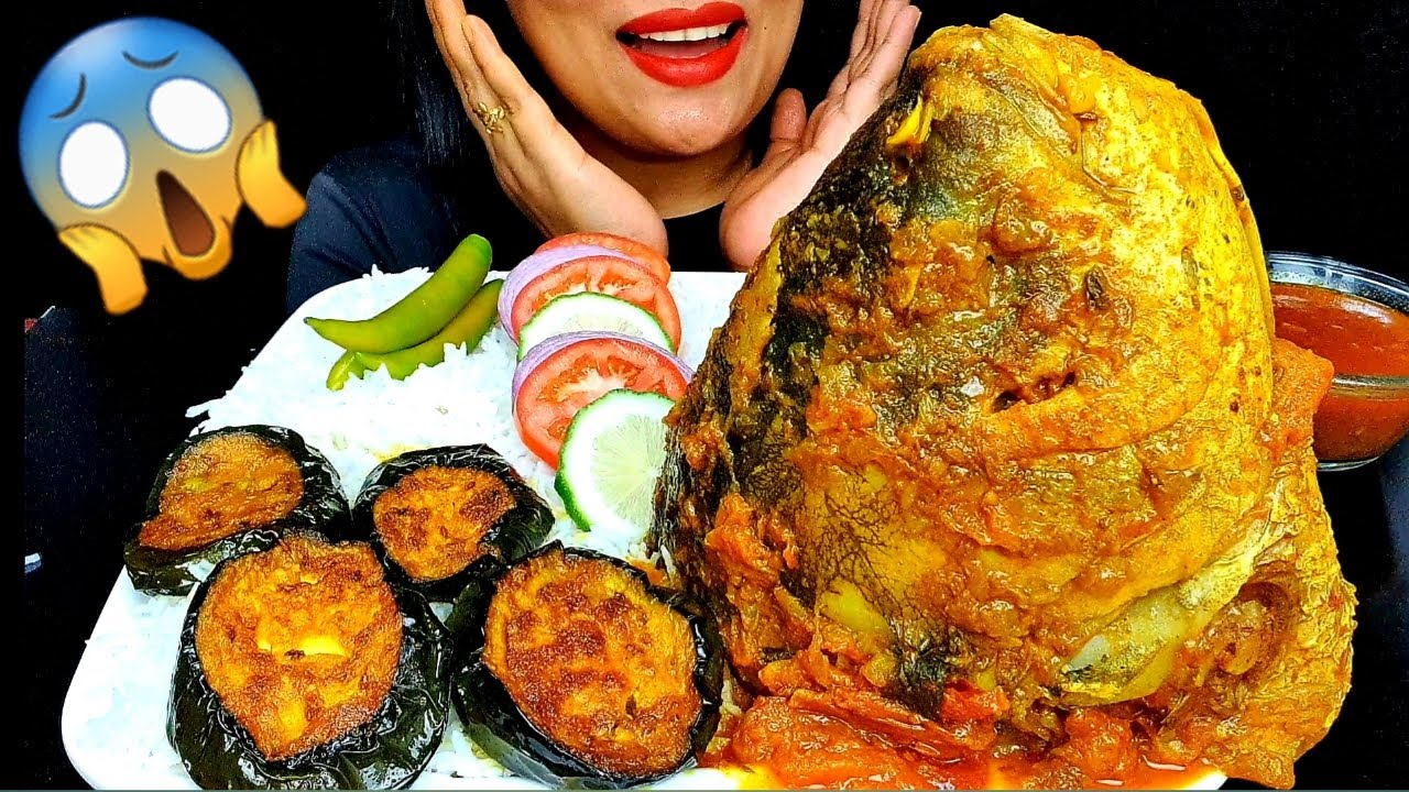 ASMR:BIG KATLA FISH HEAD JHAL+BEGUN VAJI+ BASMATI RICE (NO TALKING)EATING SOUND||ZAKIA-SPICY ASMR