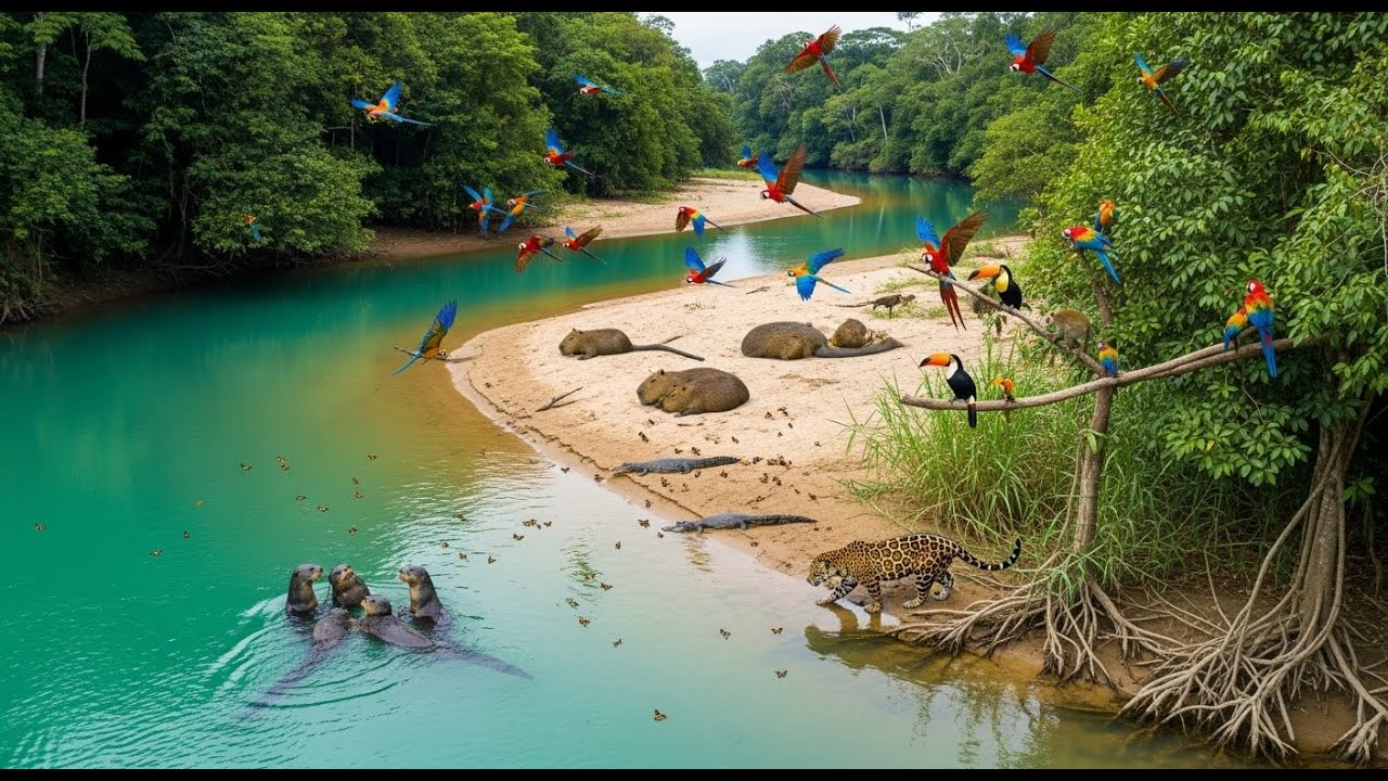 Relaxing Amazon Jungle Adventure: Giant Otters, Macaws, Monkeys & The Jaguar Hunt (4K HDR)