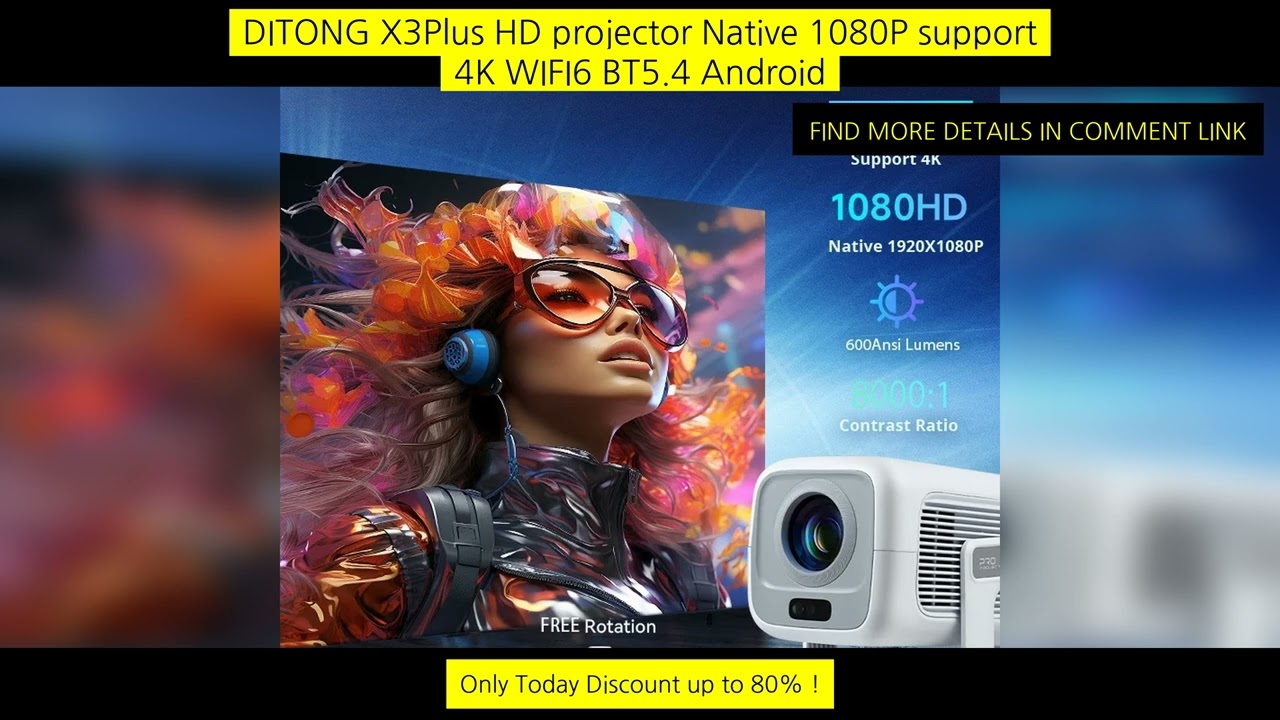 Ditong X3Plus Hd Projector Native 1080P Support 4K Wifi6 Bt5.4 Android Mini