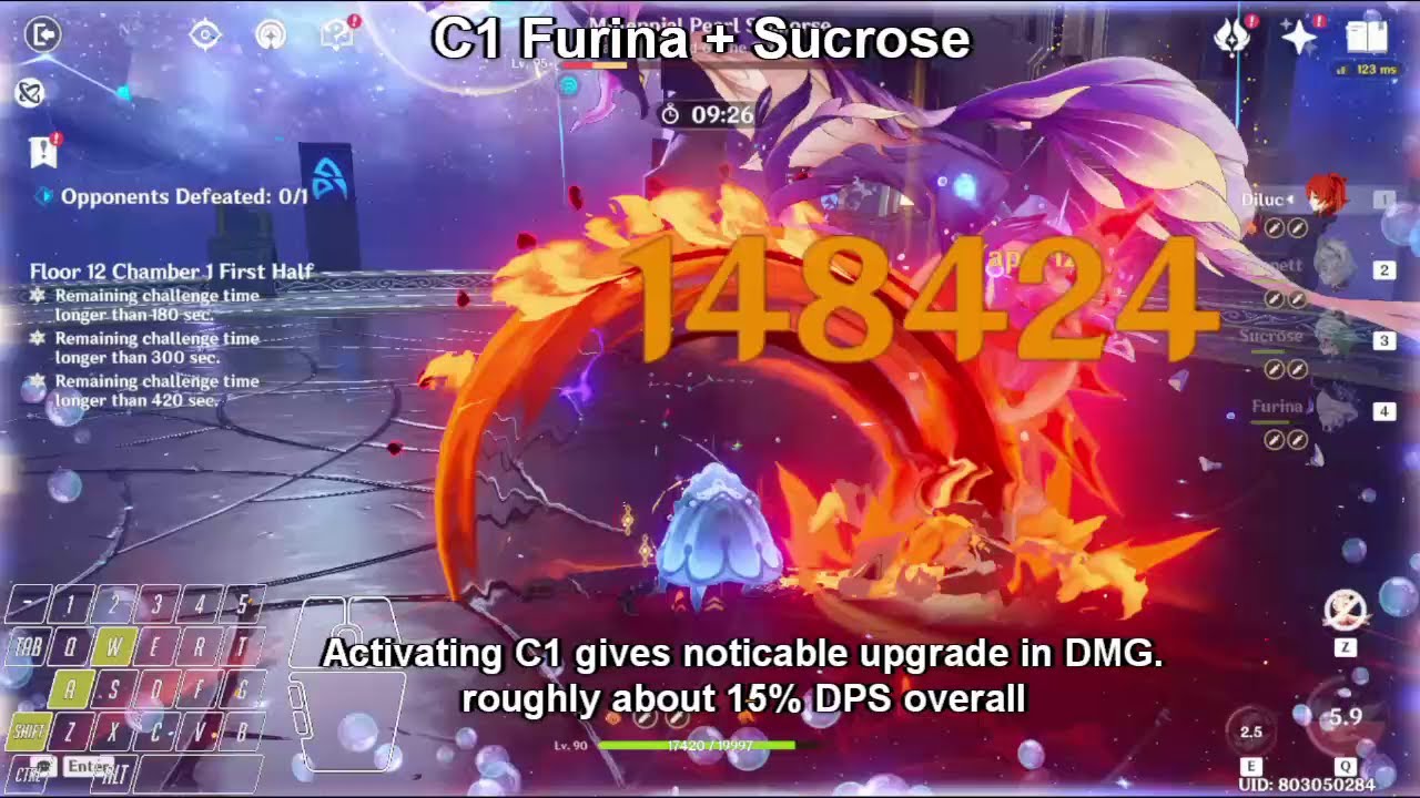 C0 / C1 Furina + Diluc Comparison and Showcase | Genshin Impact