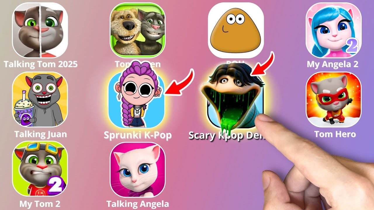 Talking Ben,SLAP TOWER,KPop Demon Hunters,Roblox,Talking Angela,Sprunki Incredibox,Talking Tom,POU