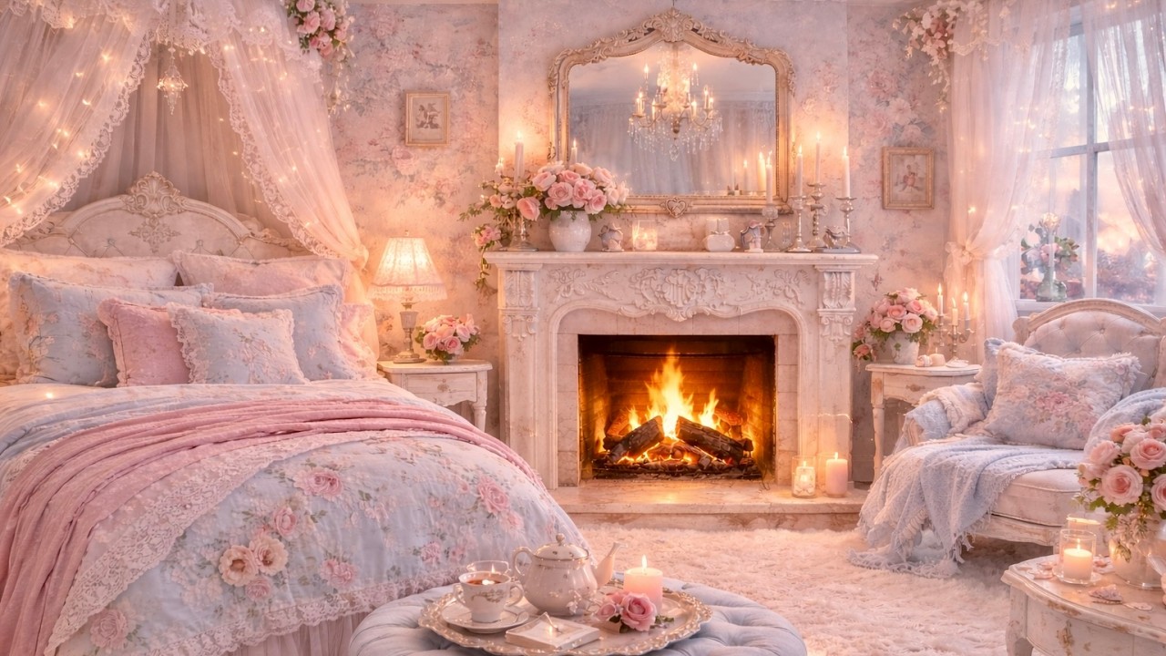 Cozy Floral Bedroom & Fireplace Ambience 🌸 | Crackling Fireplace Sounds (4 Hours)