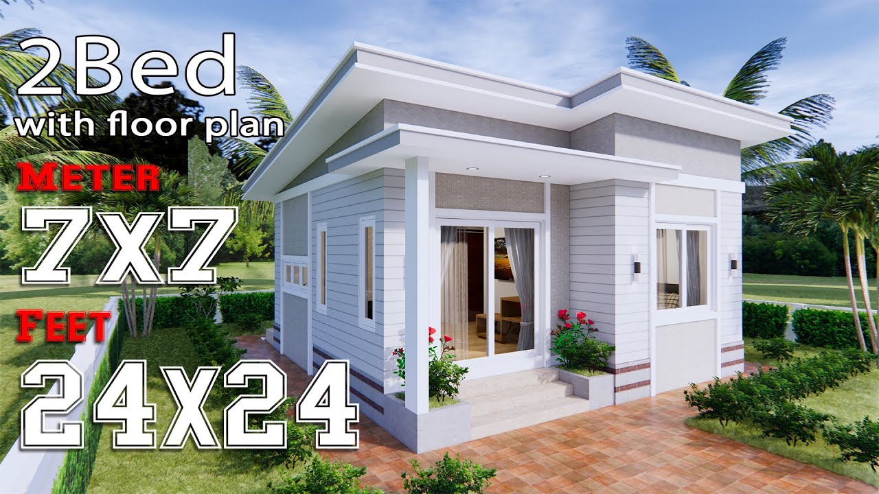 Small house Design 7x7 Meters 24x24 Feet Shed Roof 2 Beds
