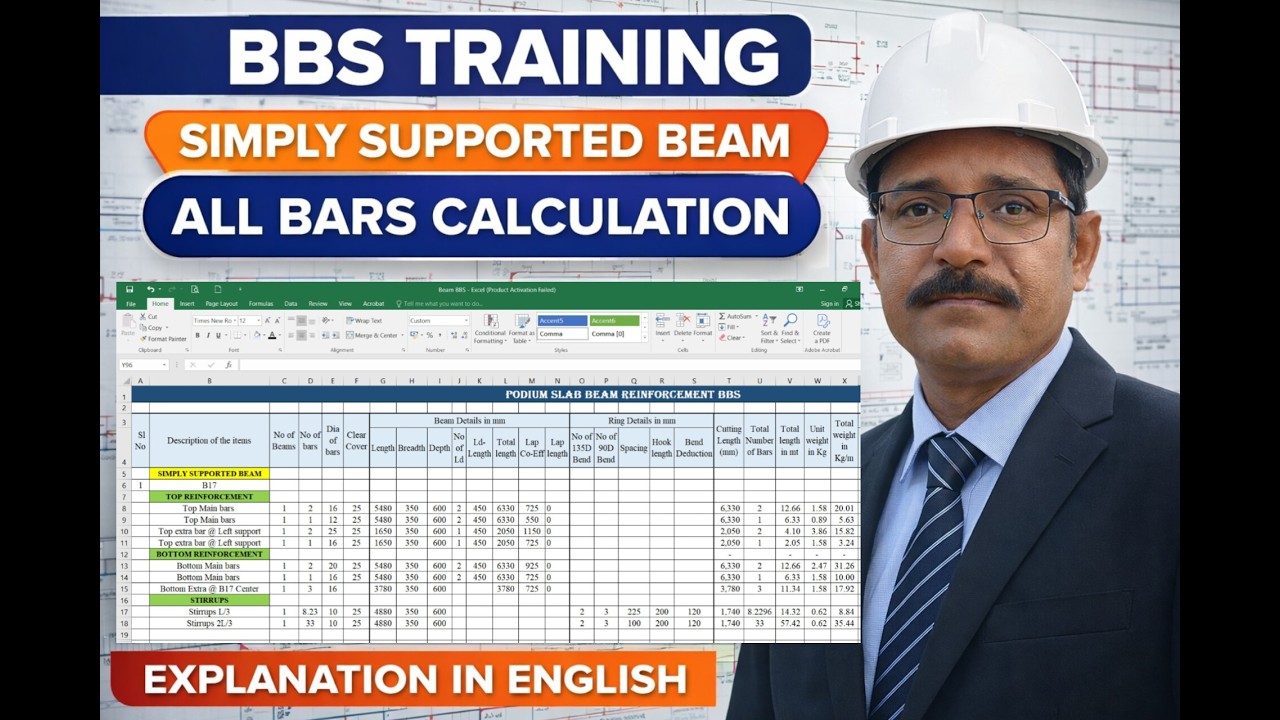 Simply Supported Beam BBS Calculation | Drawing to Excel | Step-by-Step Complete Training 🔥