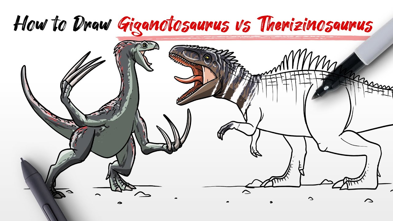 How to Draw Giganotosaurus vs Therizinosaurus fighting dinosaurs from Jurassic World Dominion Easy