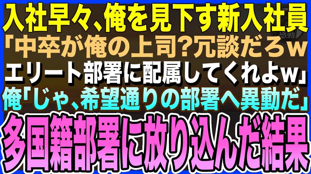 【感動する話】入社早々、俺を見下す新入社員「中卒が俺の上司?猿でもできる仕事?エリート部署に回せよw」俺「じゃ、希望通りの部署へ異動だ」→多国籍部署に異動させた結果【泣ける話・いい話・朗読】