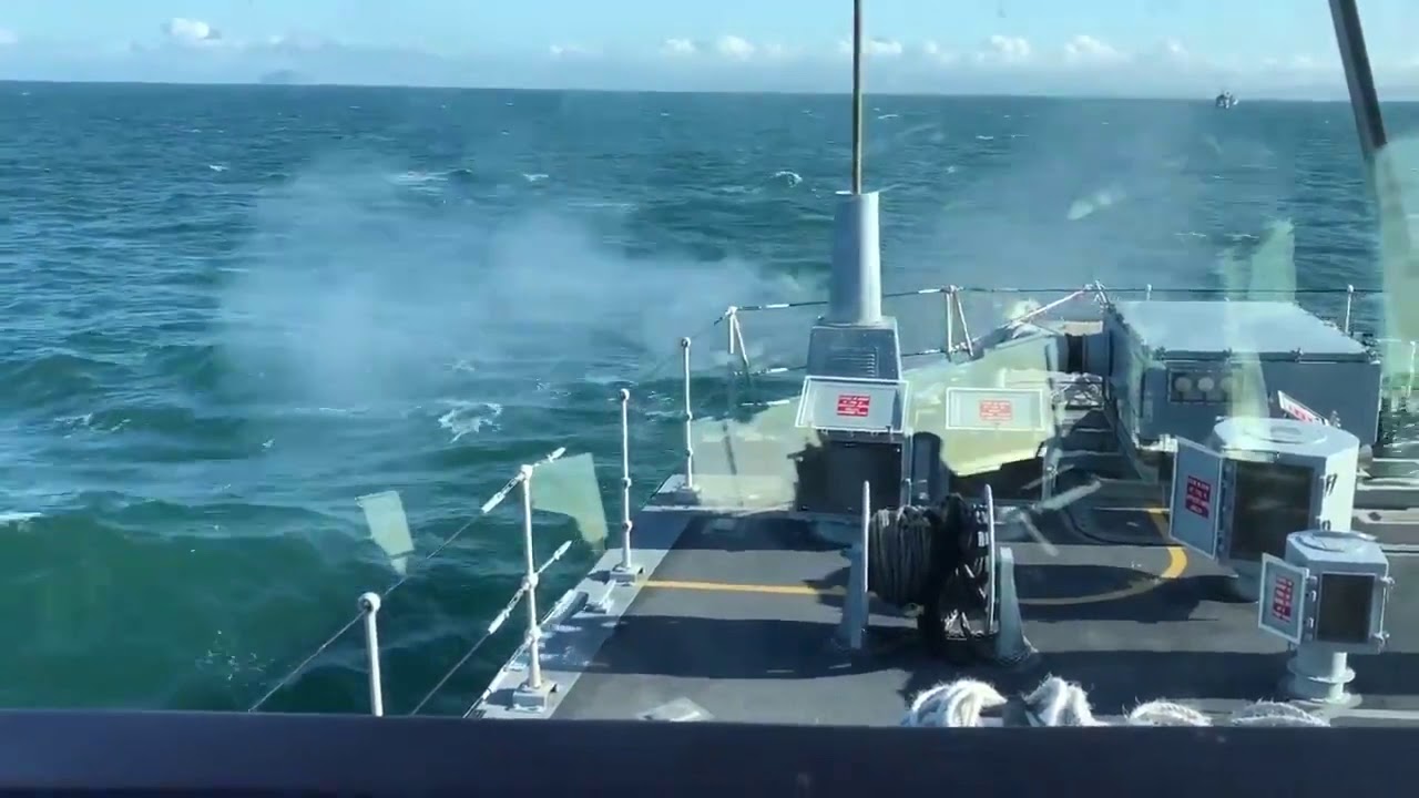 HMS Penzance fires her 30mm cannon