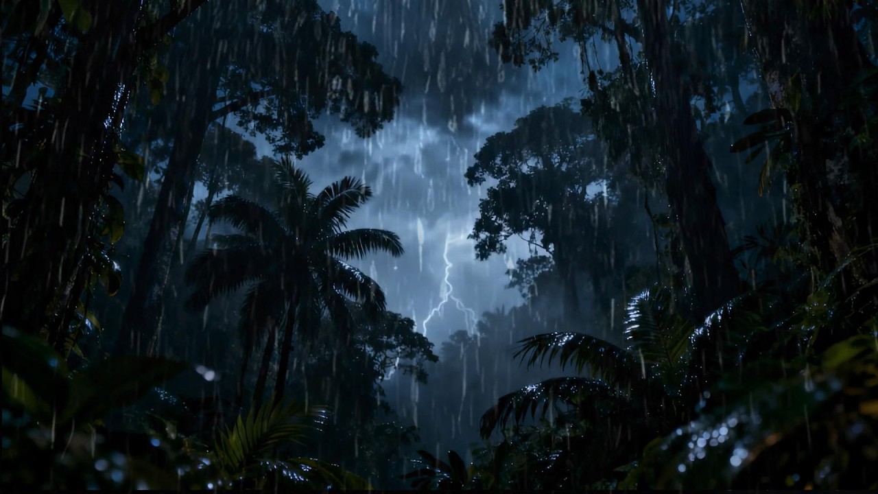Rain and Thunderstorm Sounds in the Night Forest for Sleeping & Study