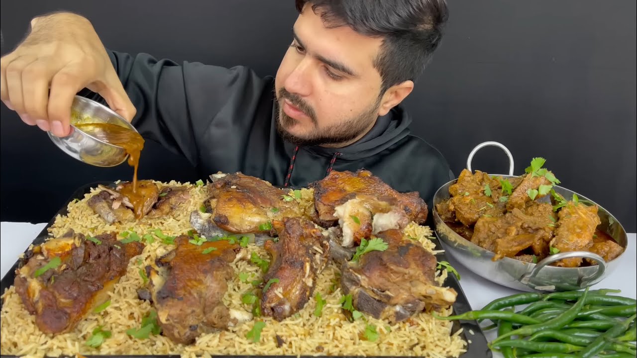 ASMR; EATING SPICY MUTTON BIRYANI SPICY CHICKEN CURRY GREEN CHILLIES EXTRA GRAVY    MUKBANG