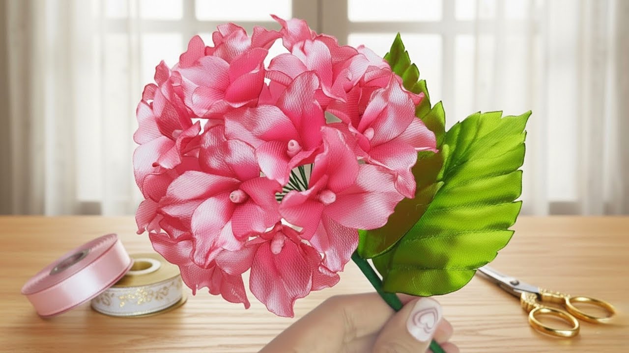 DIY ribbon flowers/how to make hydrangea flowers with satin ribbon, easy and cheap