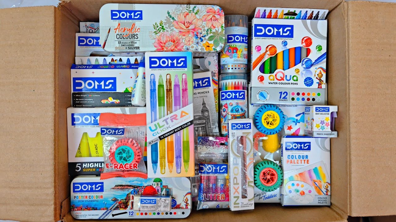 Unboxing DOMS Stationery, Brush Pen, Wax Crayons, Eraser, Sharpener, Pencil, Oil Pastel, Colour Pens