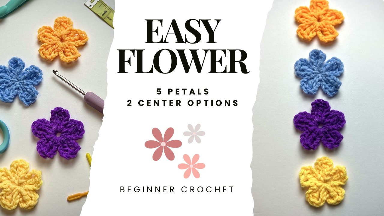 Crochet Motif Series: #3 - Simple 5 petal flower - 2 center options! (Closed MR or open Ch)