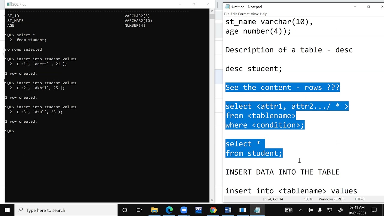 SQL - Create (without constraints) , Insert, Delete, Drop, Select - Simple queries