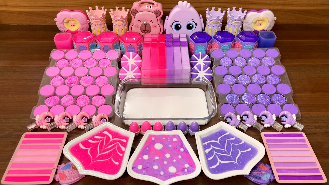 Relaxing slime mixing ASMR &ndash; Pink vs purple glossy with charms