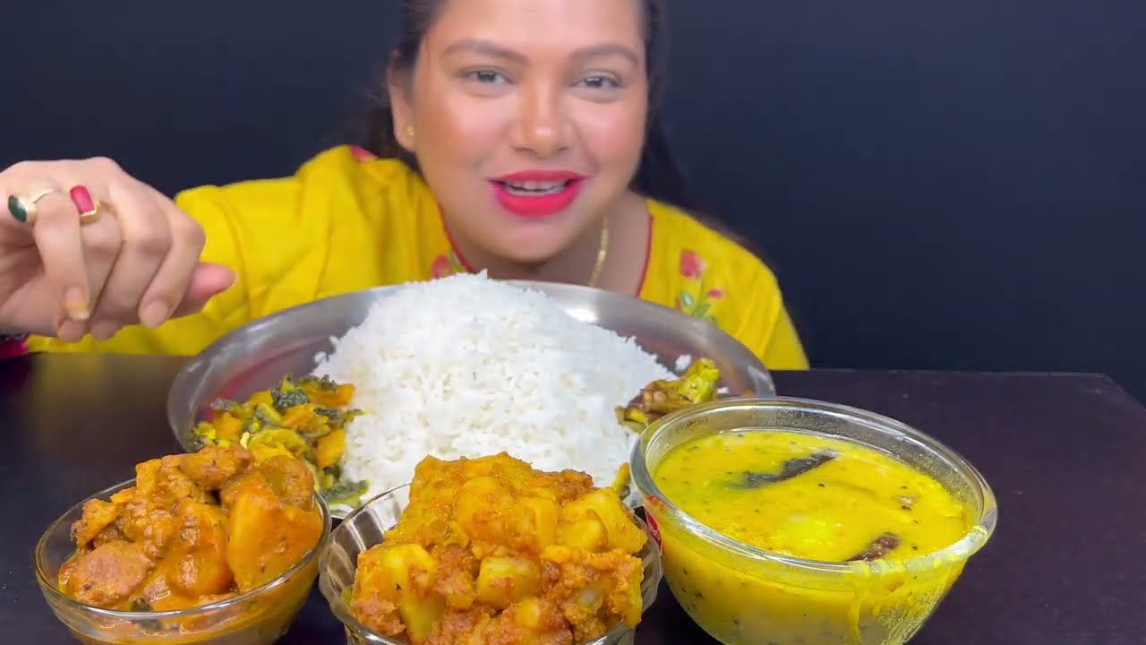 Comfort food Eating, Bigbites, Eating Rice With Tok Dal, Aluposto, Ucche kumro vaja, Soyabin Curry।