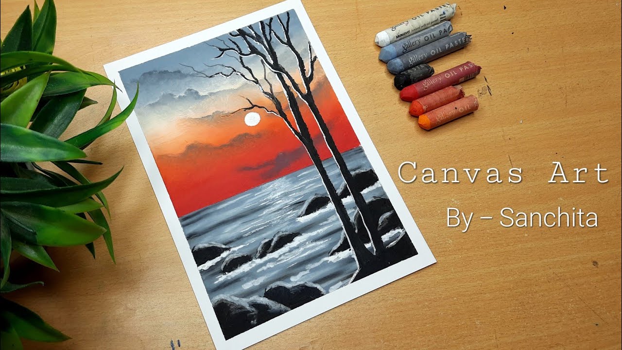 Red velvet sunset drawing with oil pastel | black and white drawing | Sunset drawing | Canvas Art