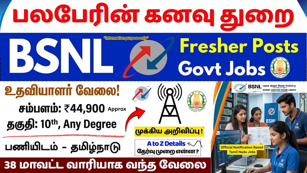 BSNL Jobs 2026 🔥 | 10th / Any Degree Govt Job 😱 | Salary ₹44,900 | Freshers Apply | Tamil Nadu