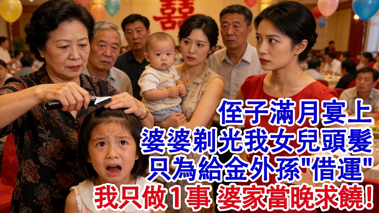 小姑子生下男娃，婆家擺188桌慶祝。滿月宴當天，婆婆卻當眾剃光我女兒頭髮，只為給金外孫“借運”，我出手阻止，卻被公公一巴掌扇倒。我只做1事，婆家當晚求饒。#婆媳 #家庭 #婚姻 #情感故事 #為人處世