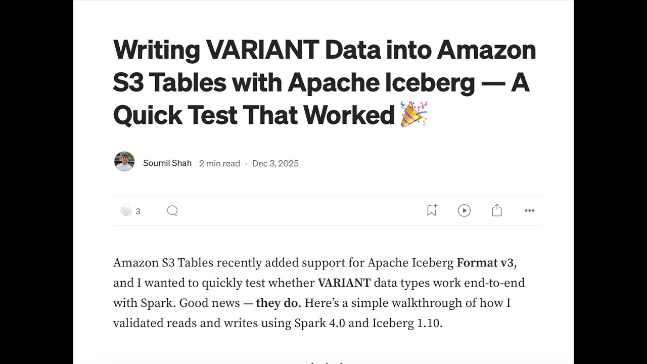 Узнайте, как читать и записывать данные о вариантах в Iceberg V3 и S3table из локального блокнота...