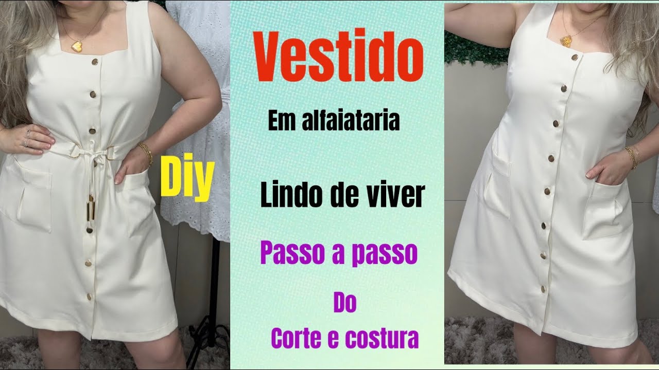 VESTIDO EM ALFAIATARIA COM DECOTE QUADRADO E REGULAGEM CINTURA,passo a passo do corte e costura #diy