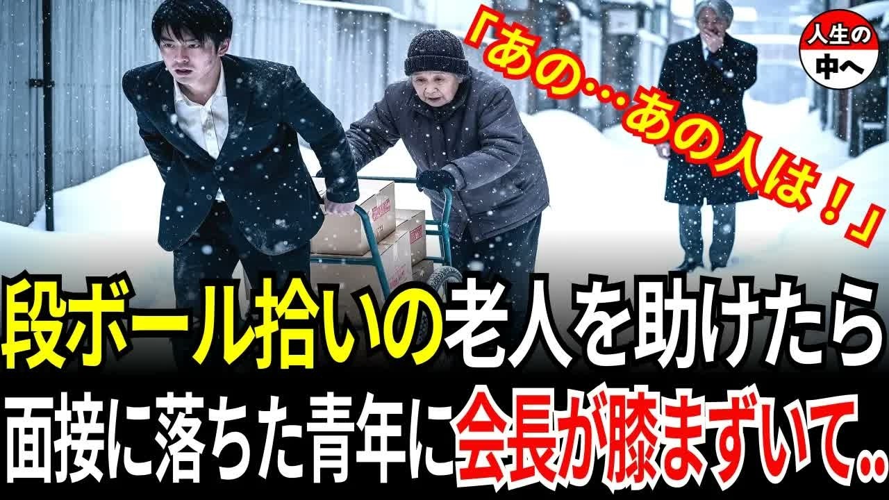 貧しい青年が大雪の中、段ボール拾いの老人を助けて面接に落ちたのに、その瞬間、大富豪の会長がやって来て膝をついて号泣しました