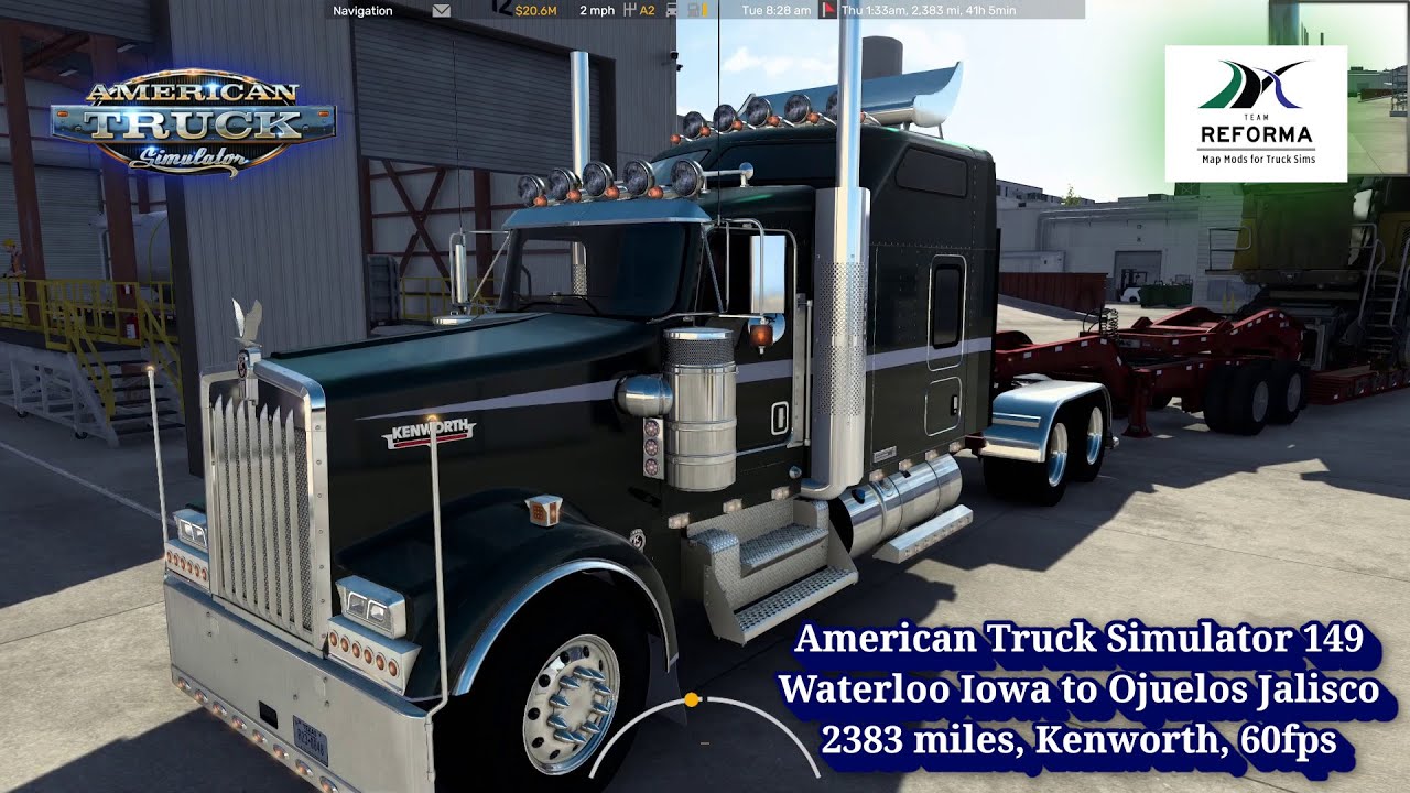 American Truck Simulator 149, Waterloo Iowa to Ojuelos Jalisco, 2383 miles, Kenworth, 60fps