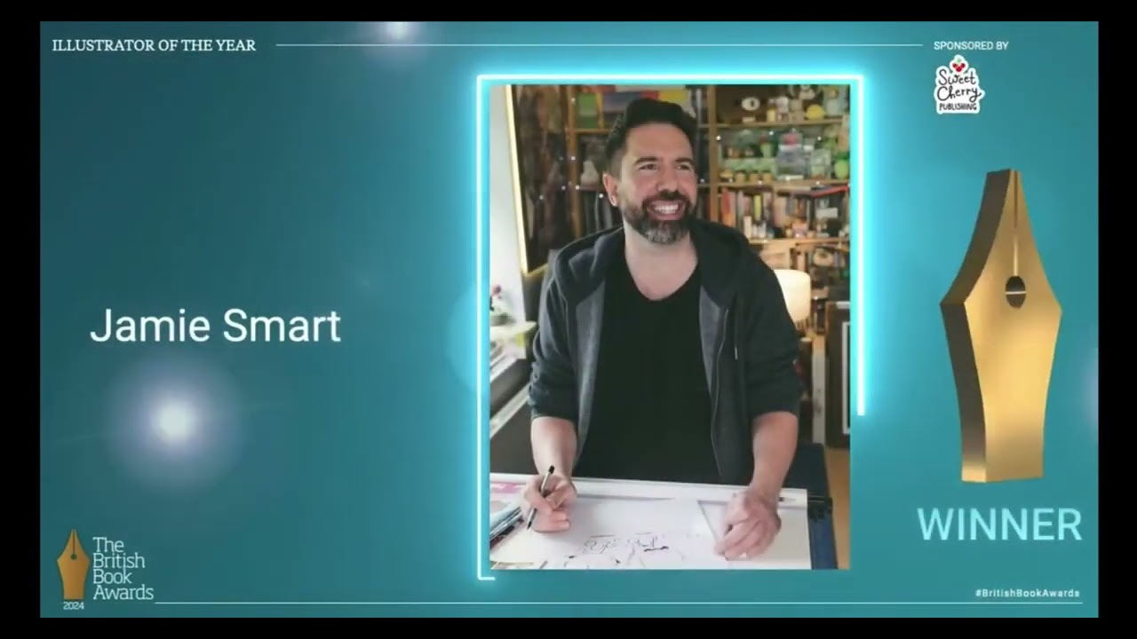 Jamie Smart accepts Best Illustrator at the British Book Awards 2024 for Bunny Vs Monkey