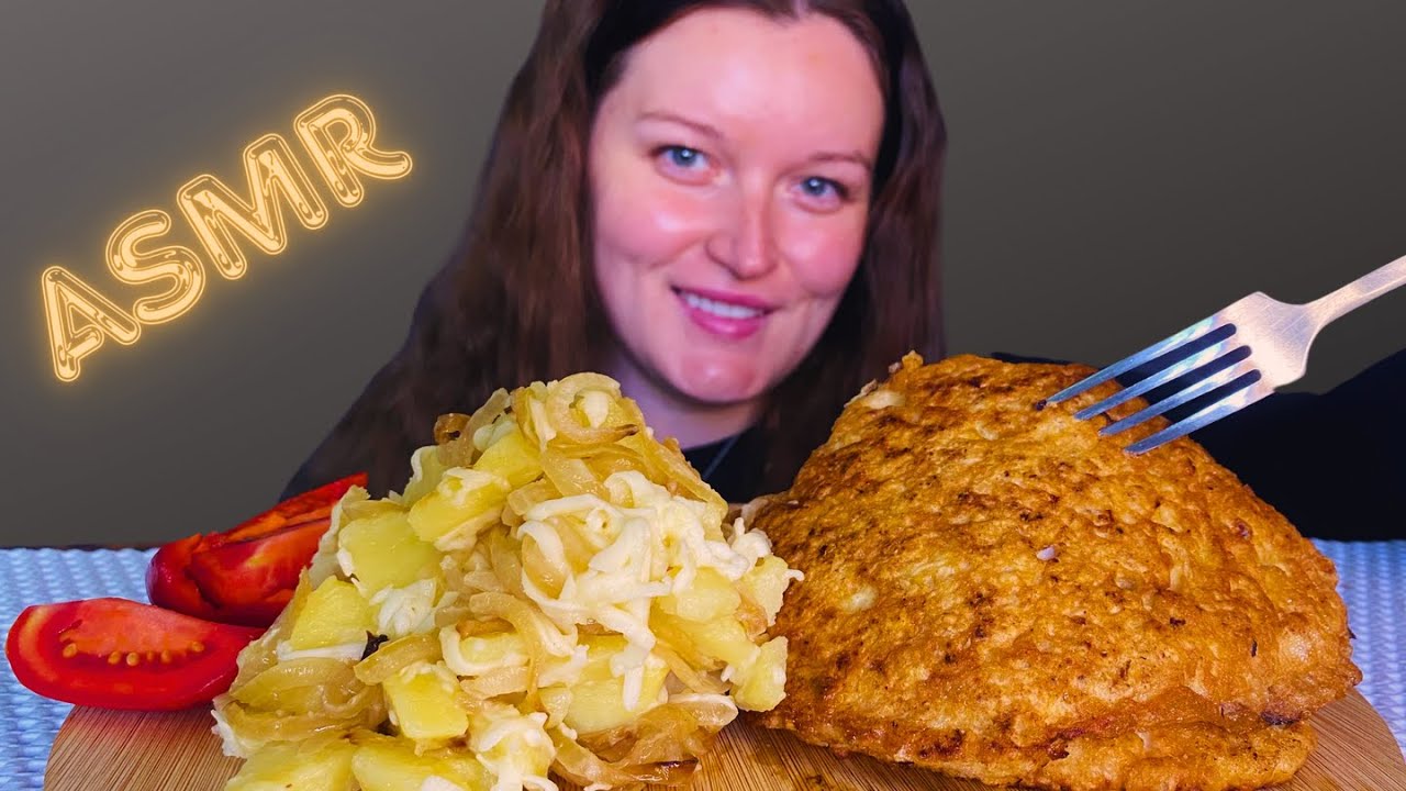 ASMR EATING CHICKEN SCHNITZEL WITH CHEESE POTATO AND ONION (NO TALKING) EATING SOUNDS | MUKBANG 먹방