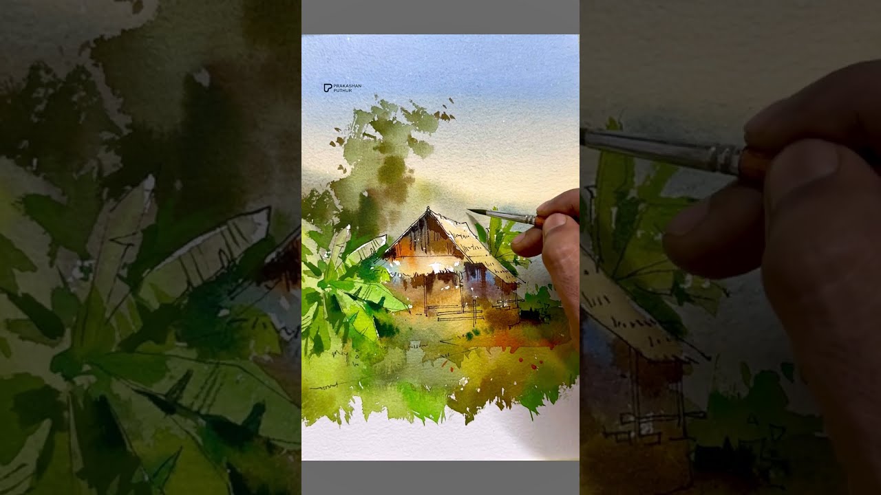Easy watercolour landscape | ink pen with watercolour | demo by Prakashanputhur