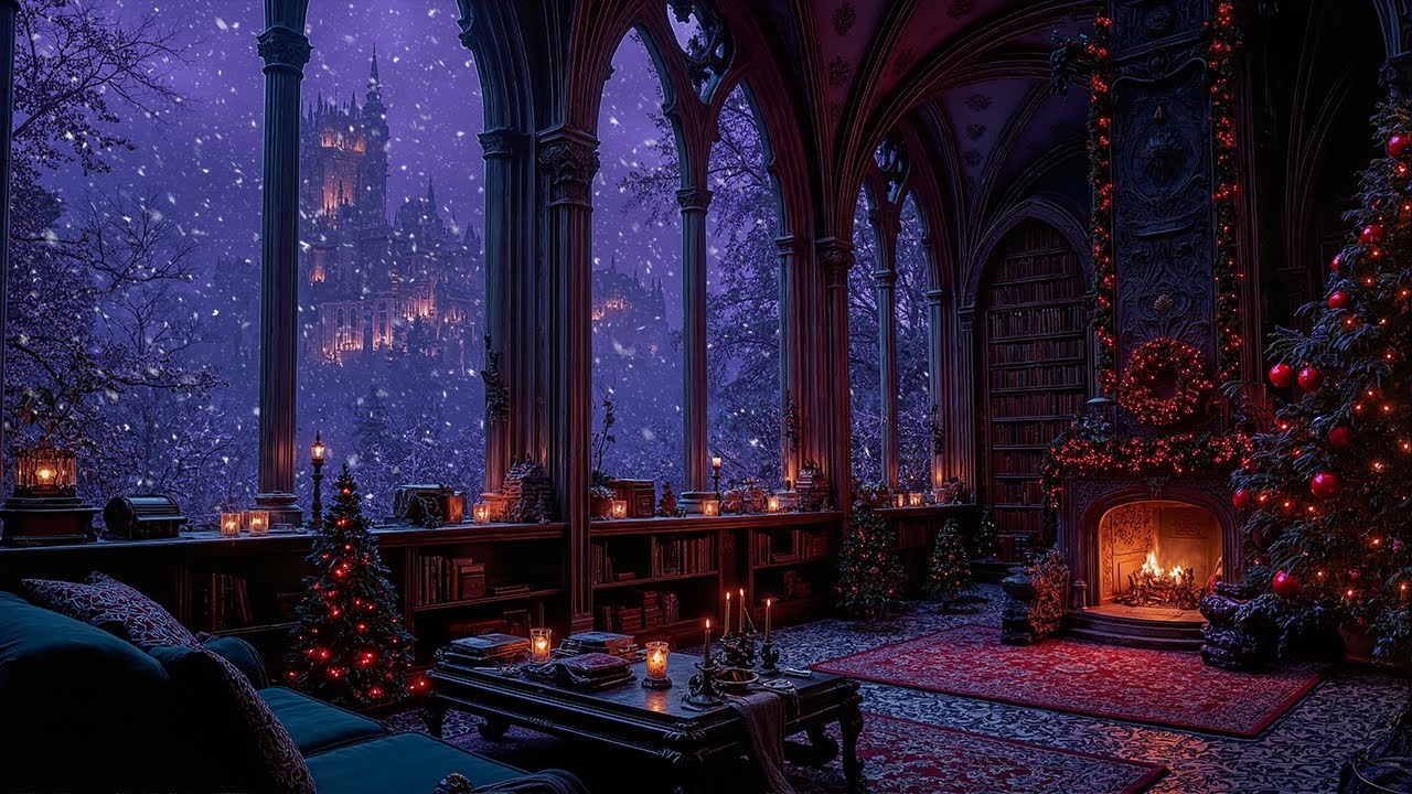 Gothic Room by the Christmas Ambience | Winter Dark Academia for Read & Write | Piano with Fireplace