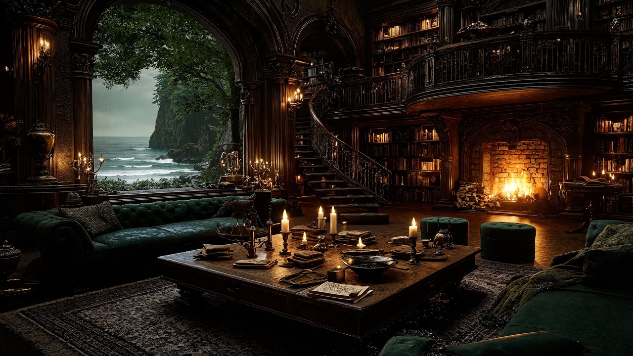 Grand Castle Library Overlooking the Ocean | Relaxing Medieval Rain Sounds & Cozy Fireplace Ambience