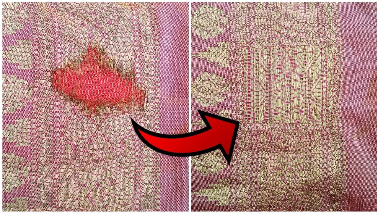 Learn how to repair the largest iron burn hole in banarasi silk zari saree
