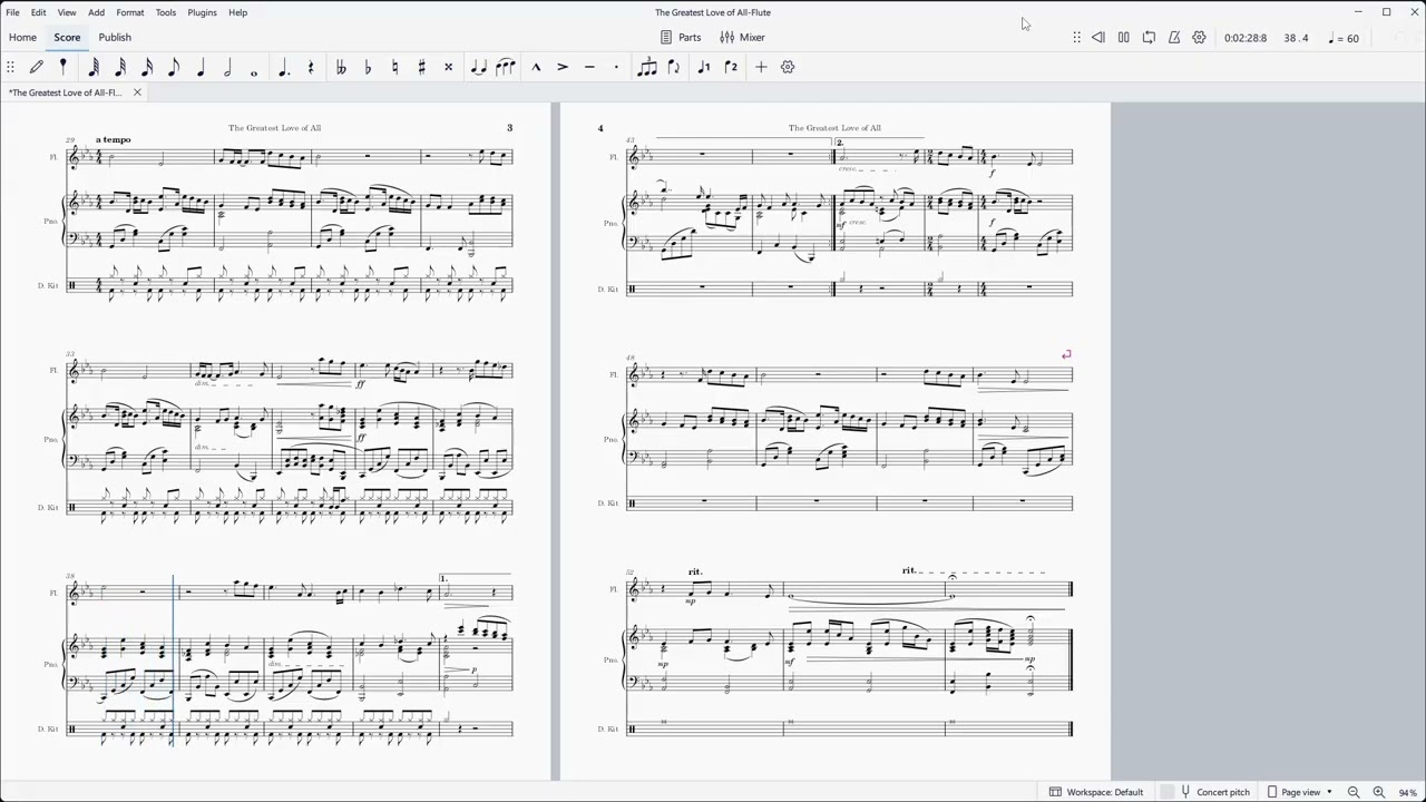The Greatest Love of All (Linda Creed & Michael Masser). Music arranged for flute, piano, & drums