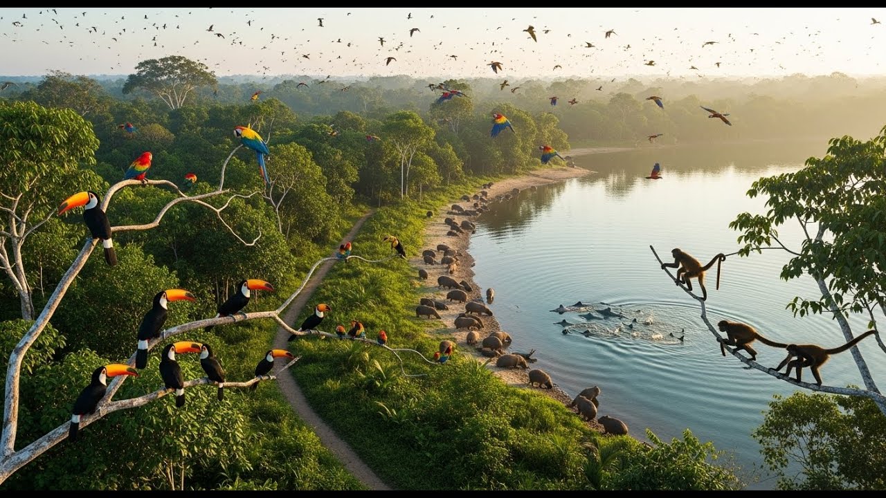 Relaxing Walk in the Amazon: Dawn Canopy Path with Toucans & Spider Monkeys | 4K Nature Sounds
