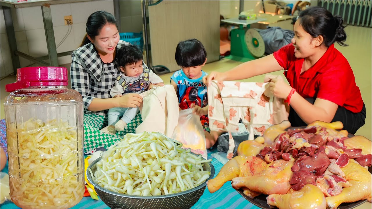 Do you like Green onion root pickle? Rural life food and peaceful family, unboxing clothes for son