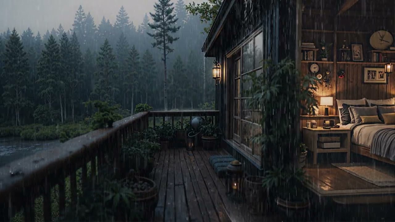 Calm Rain Surrounding a Cozy Forest Cabin 🏡 Warm Night Indoors | 4K – No Ads
