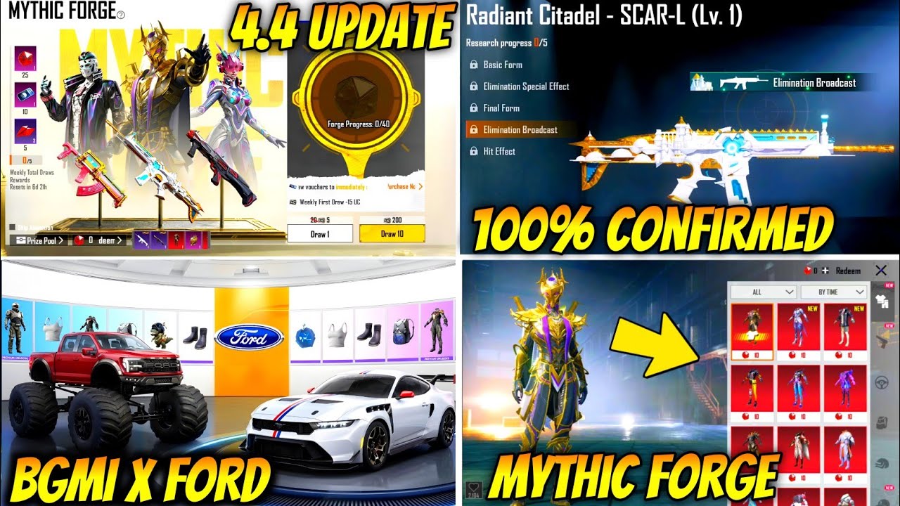 BGMI NEXT MYTHIC FORGE IN 4.4 UPDATE | MYTHIC FORGE UPGRADE GUNS | BGMI x FORD X HARLEY DAVIDSON 