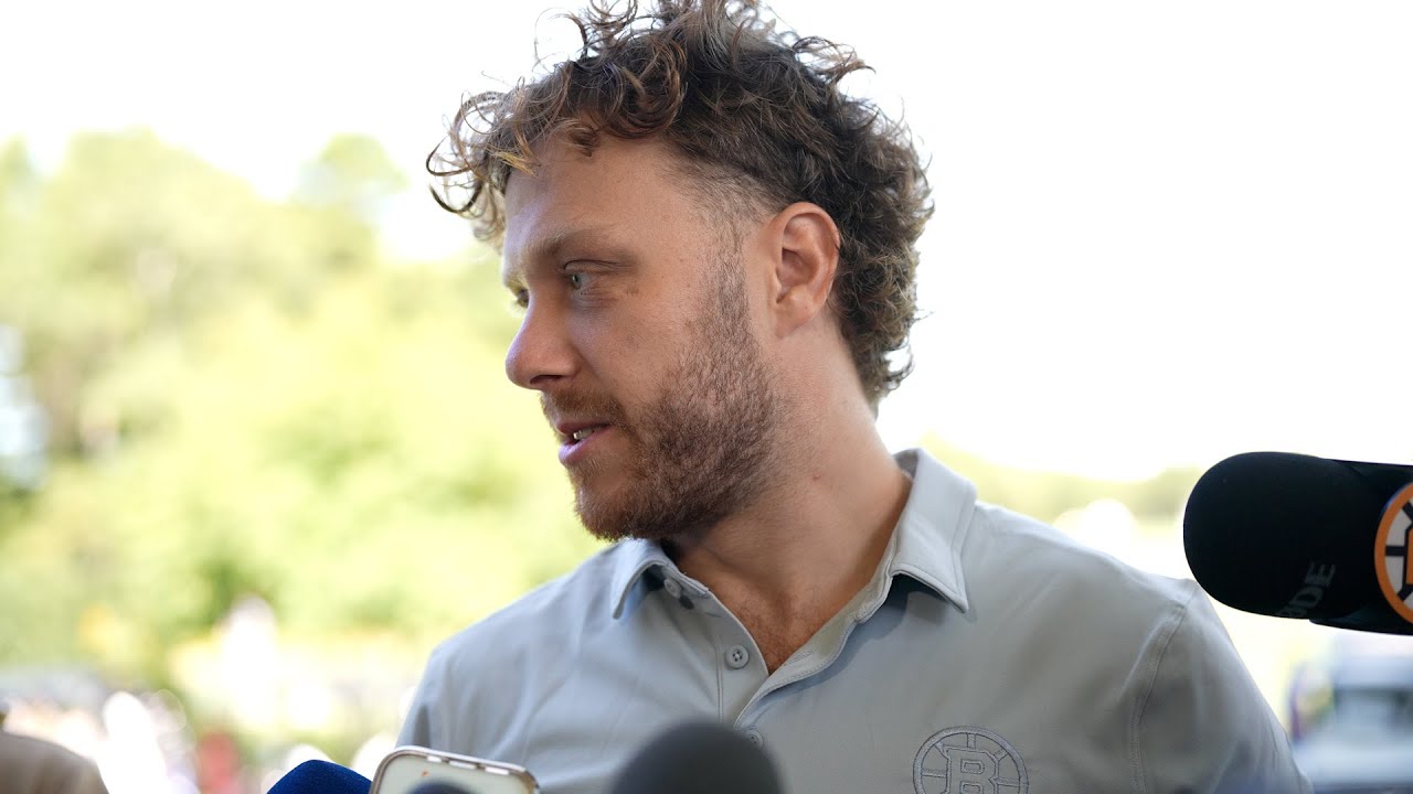 Elias Lindholm, Hampus Lindholm and David Pastrnak talk to the media from the Bruins Golf Tournament